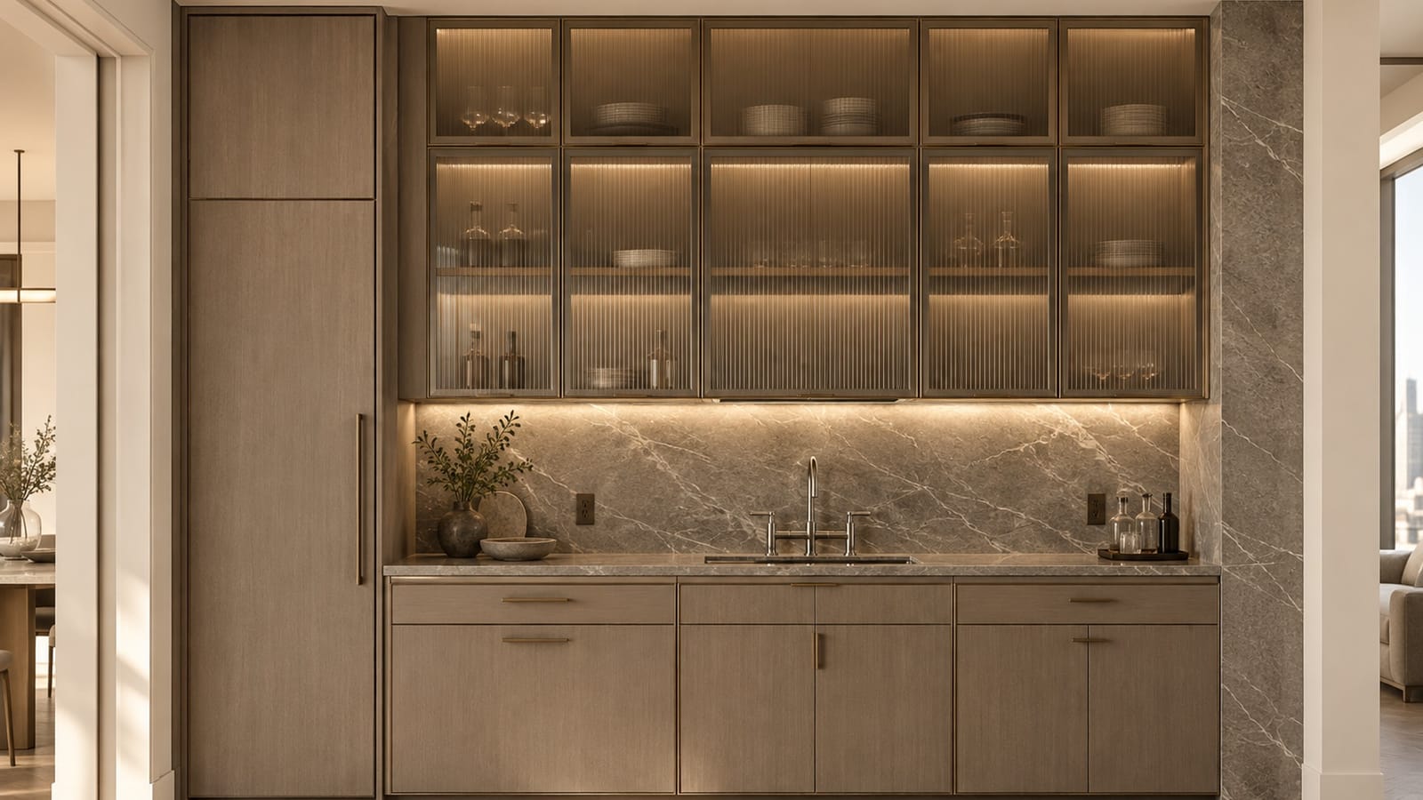 Visualization of kitchen K4.2: wood cabinetry with fluted glass doors